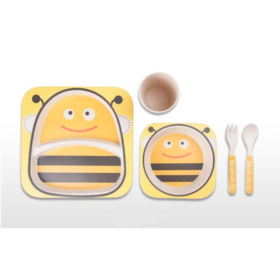 5-piece Eco-friendly Bamboo Dinnerware Set Feeding Set For Toddler Kids Boys And Girls Yellow