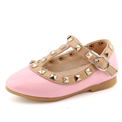 T-strap Candy Color Rivet Studded Ballet Flat Shoes For Toddler Girls 35 Pink