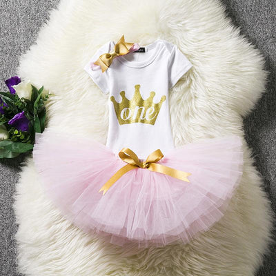 1st Birthday Outfits Romper + Tutu Skirt + Headband For Baby Girls Pink
