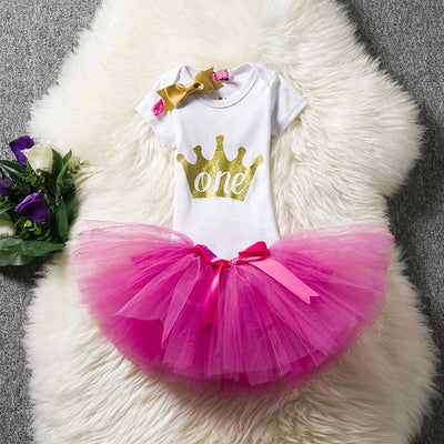 1st Birthday Outfits Romper + Tutu Skirt + Headband For Baby Girls Rose