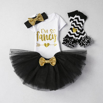 "i'm So Fancy" Printed Outfits With Headband & Romper & Skirts For Baby Girls Black