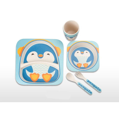 5-piece Eco-friendly Bamboo Dinnerware Set Feeding Set For Toddler Kids Boys And Girls Blue