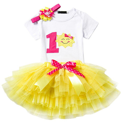 Baby Girl 1st Birthday 3pcs Outfits Skirt Set Romper+tutu Dress + Headband Bowtie Yellow