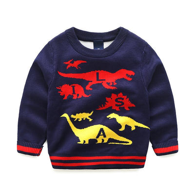 Boys Round Collar Dinosaur Printed Sweaters 6 Navy
