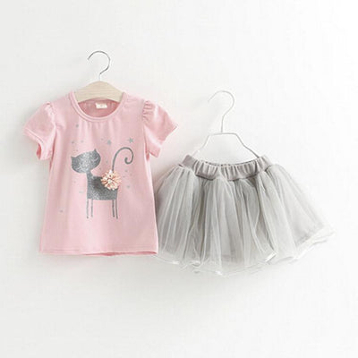 Girls Flower Cat T-shirt Tutu Skirt Clothing Set 5 Pink