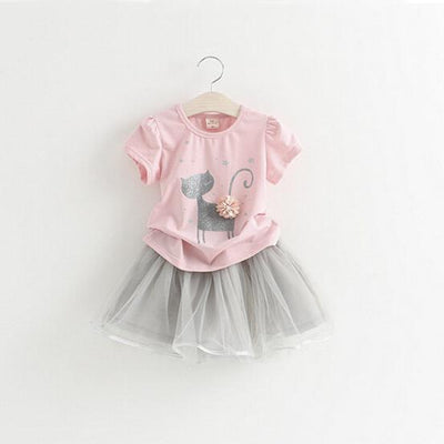 Girls Flower Cat T-shirt Tutu Skirt Clothing Set 6 Pink