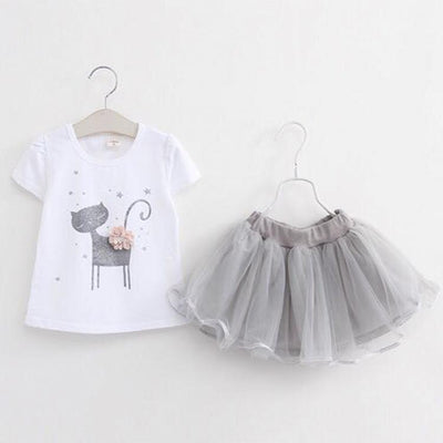 Girls Flower Cat T-shirt Tutu Skirt Clothing Set 5 White