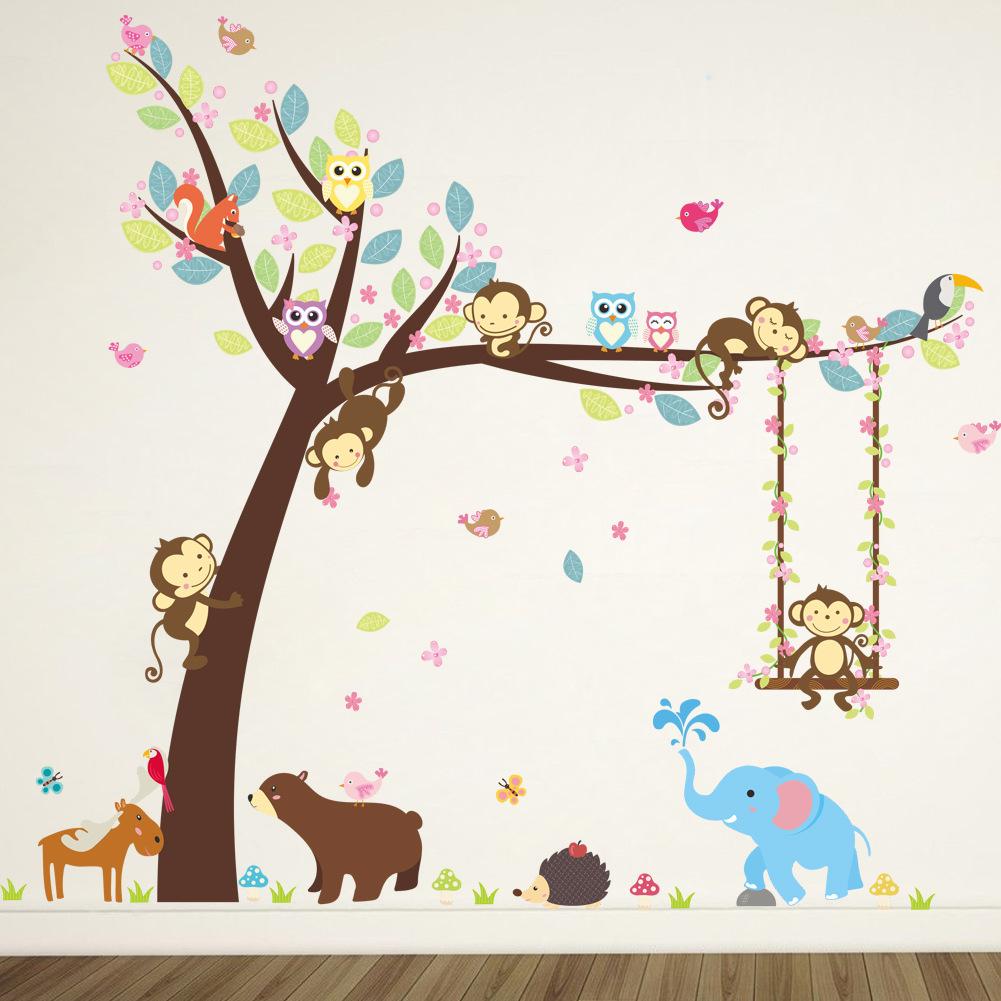 Animals Bear Owl Cheeky Monkey Swing Tree Diy Wall Sticker For Kids Room Baby Nursery Carton Decor Home Decal Mural