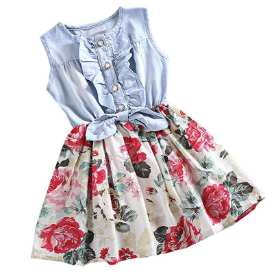 Sleeveless Denim Girls Floral Dress 3T