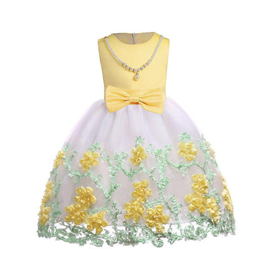 Cheap Flower Girl Dresses With Pearl Necklace Bow-tie 7 Yellow