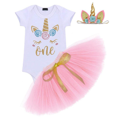 Unicorn Flower Outfit Baby Girls Romper + Ruffle Tulle Skirt + Headband First Birthday Party Dress Up Costume 3pcs Set 4