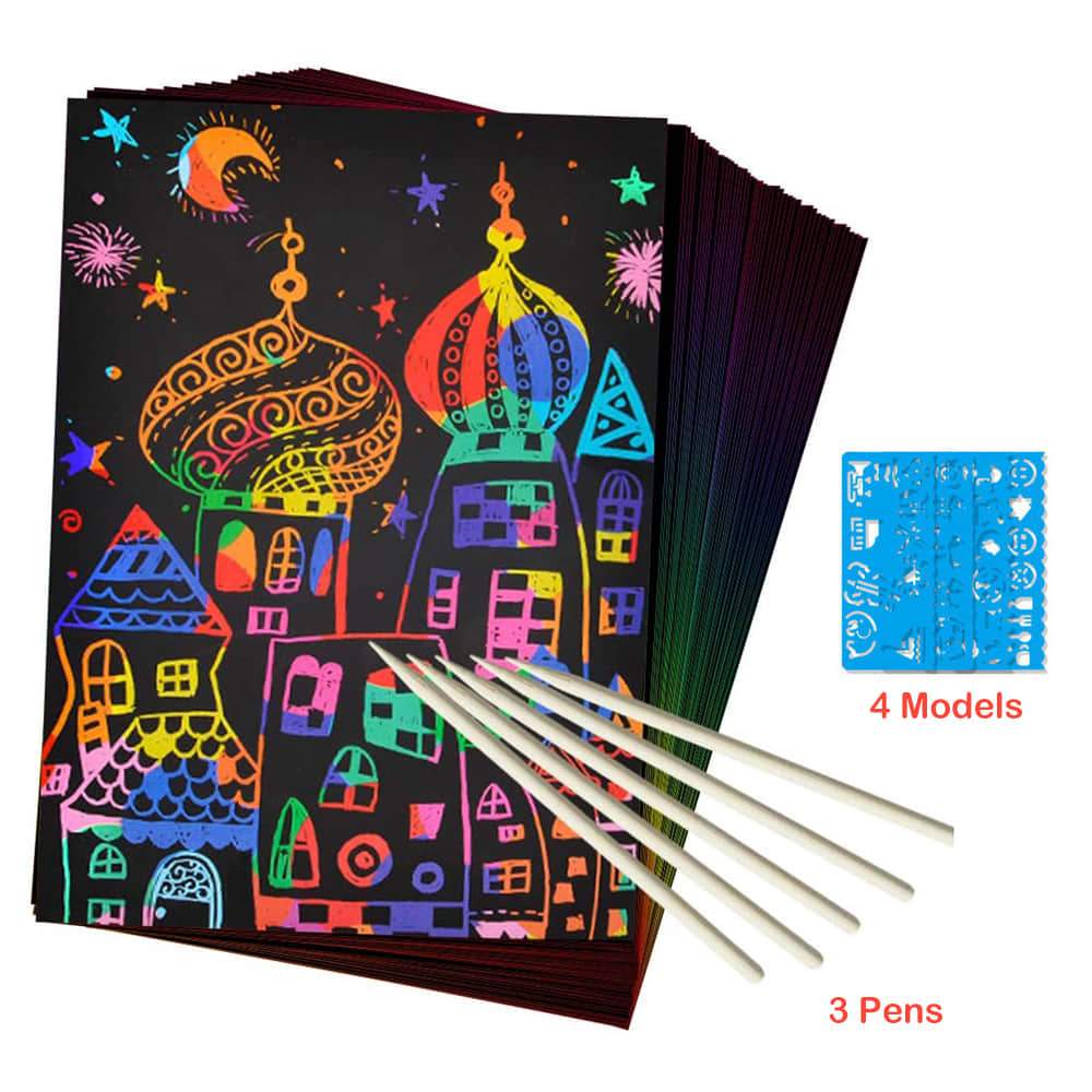 Kids Scratch Art Set 50 Piece Rainbow Magic Scratch Paper with 3 Woode -  Rabbit Paradise
