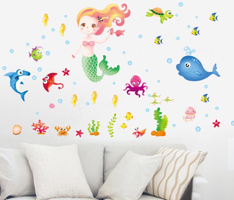 Kids Room Wall Sticker Decals-cartoon Sea World Mermaid Wall Decal Mural Wallpaper Playroom Wall Decal Sticker