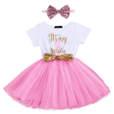 Baby Girls It's My 1st/2nd Birthday Cake Smash Shinny Printed Tutu Princess Dress 3pcs Sparkly Gold Outfit 24M Pink