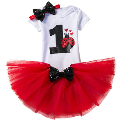 Baby Girl 1st Birthday 3pcs Outfits Skirt Set Romper+tutu Dress + Headband Bowtie Red