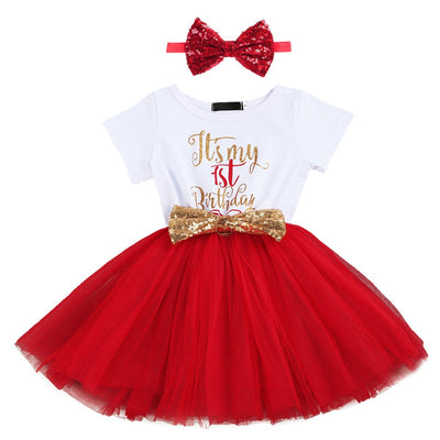 Baby Girls It's My 1st/2nd Birthday Cake Smash Shinny Printed Tutu Princess Dress 3pcs Sparkly Gold Outfit 24M Red