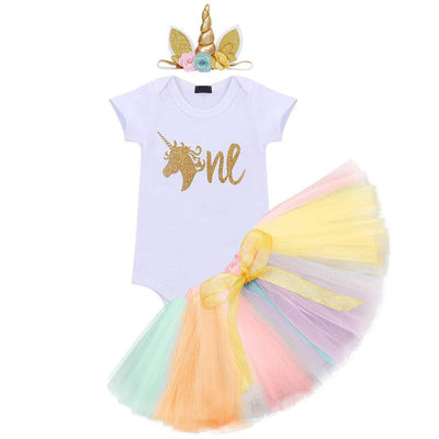 Unicorn Flower Outfit Baby Girls Romper + Ruffle Tulle Skirt + Headband First Birthday Party Dress Up Costume 3pcs Set 5
