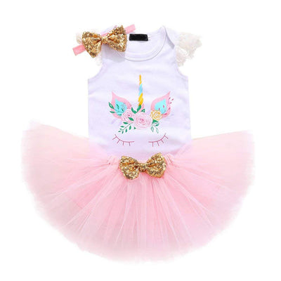 Unicorn Flower Outfit Baby Girls Romper + Ruffle Tulle Skirt + Headband First Birthday Party Dress Up Costume 3pcs Set 3